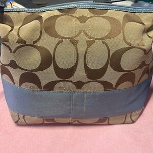 Coach Tan and Blue Signature Shoulder Bag